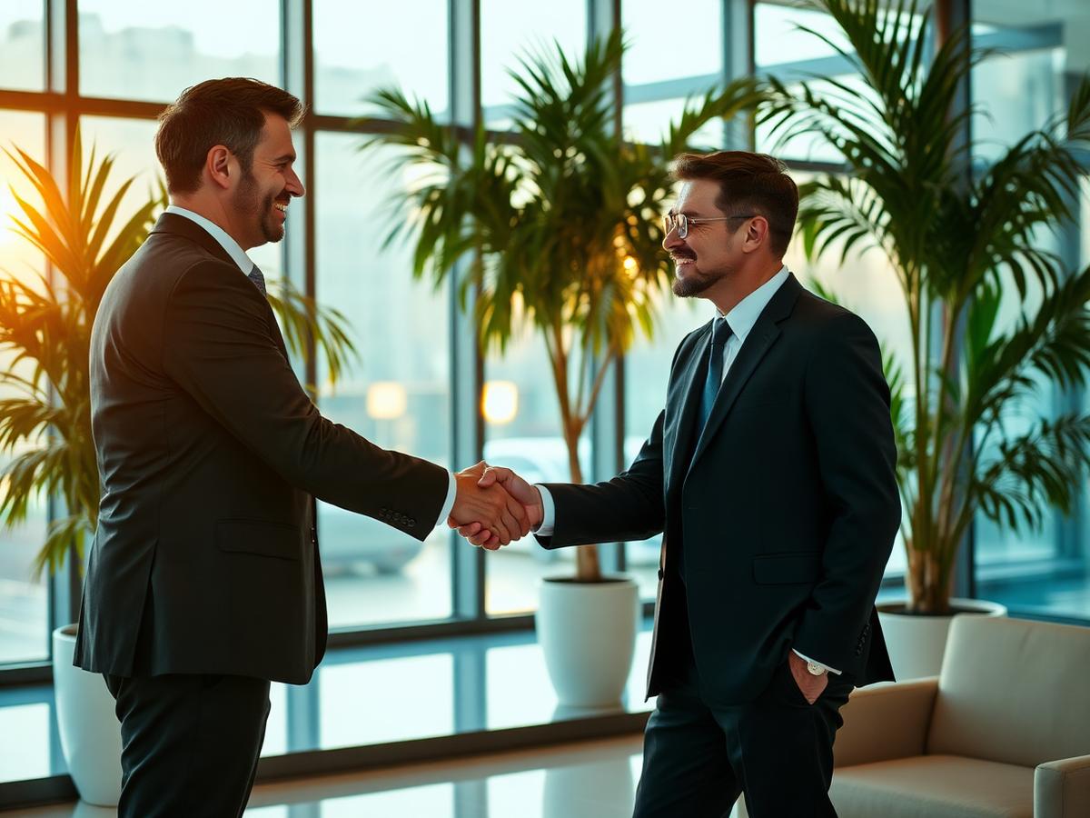 Two partners shaking hands in a modern office